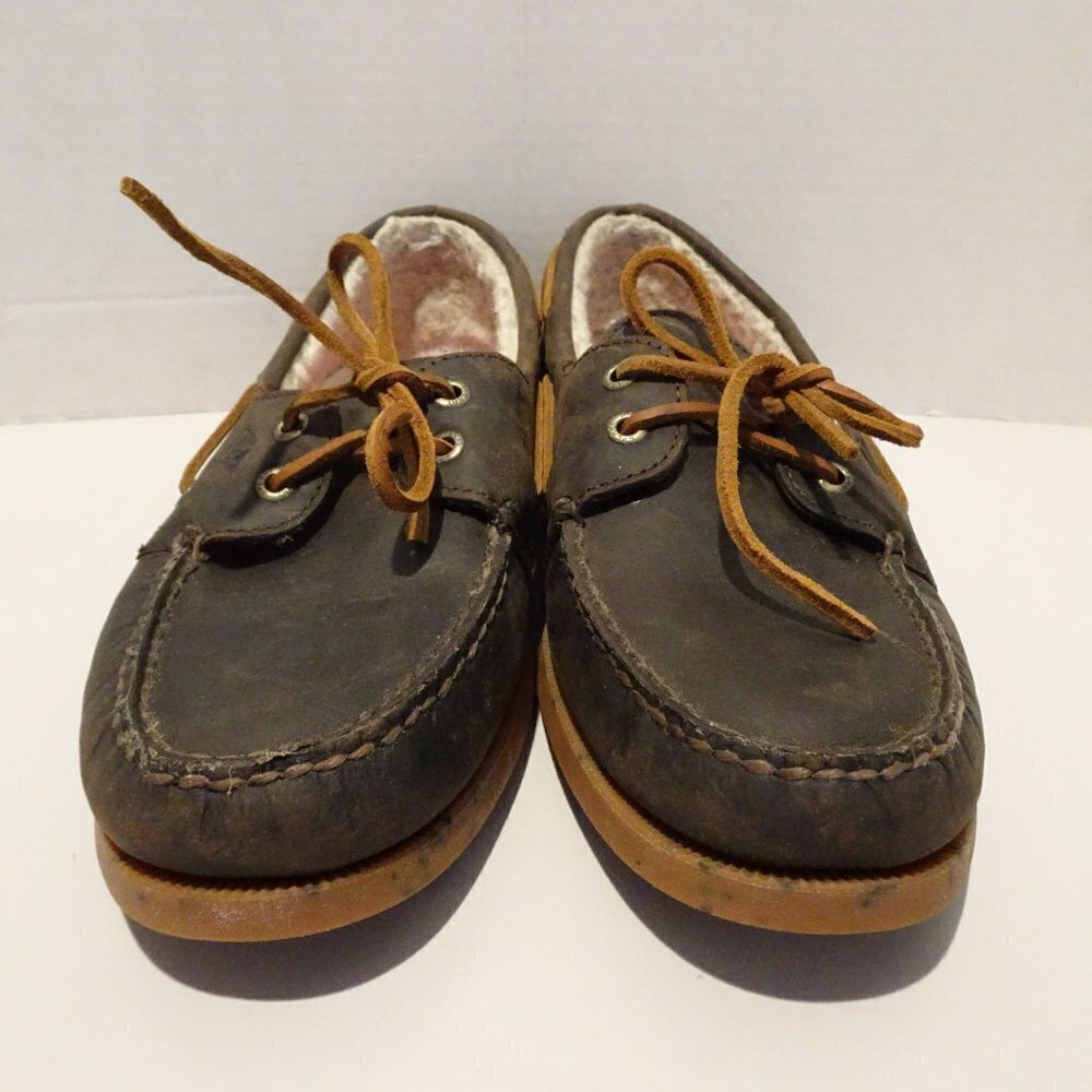 Sperry Top-Sider Size 9 Brown Leather Loafers Sherpa Lined Red Fair Isle Shoes